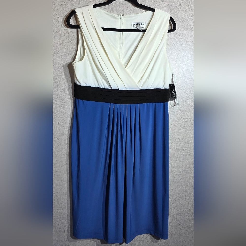 Blue & Ivory Sleeveless Maxi Dress with Black Waistband
